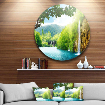 Waterfall in Deep Forest - Landscape Photography Round Metal Wall Art